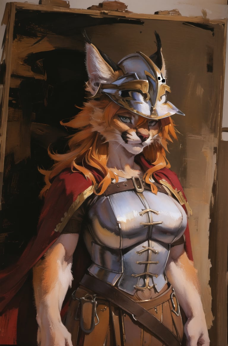 absurdres, highres, ultra detailed, masterpiece, cel shading,africa,cowboy shotfurry girl,caracal,long orange hair,shiny hair,(high detail fur:1.2),solo,,oil painting,traditional medialooking at viewer,female romanarmy warrior with helmet on and red cape <hypernet:furry_kemono:0.3><lora:Caracal:0.7> <lora:ankamaV2:0.3>  <lora:Oilpainting:0.7> <lora:ARWromanarmy:1>