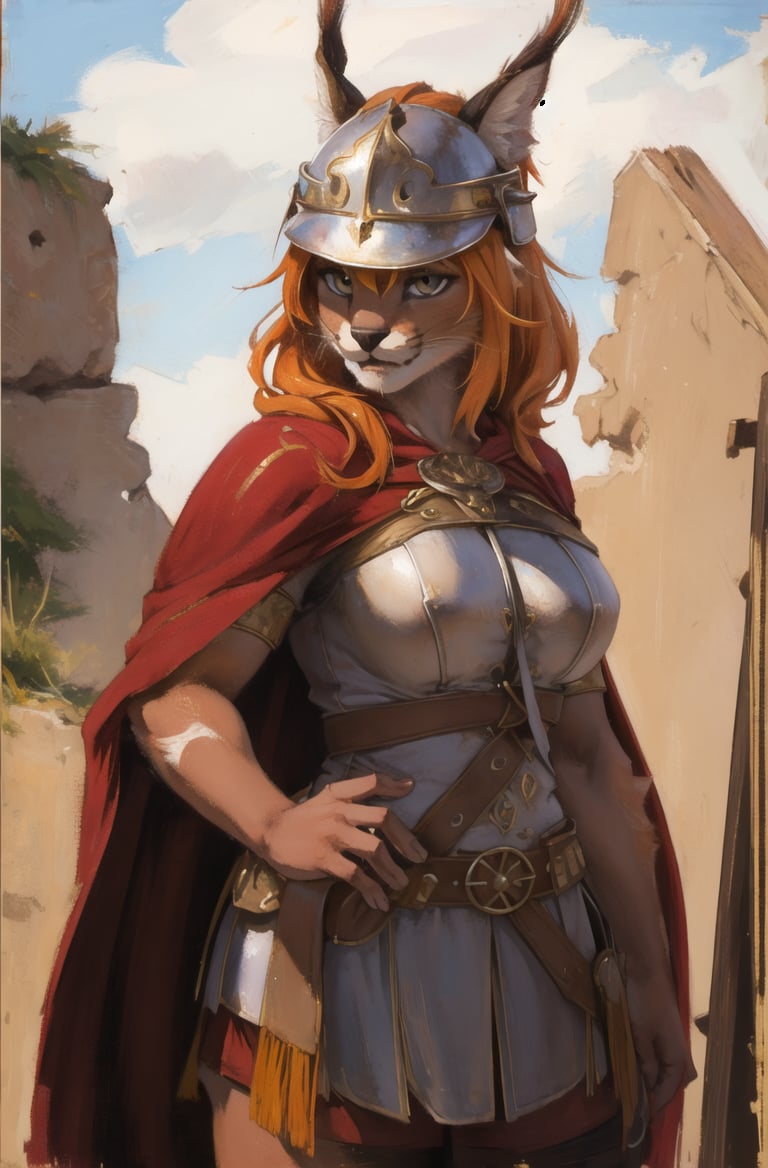 absurdres, highres, ultra detailed, masterpiece, cel shading,africa,cowboy shotfurry girl,caracal,long orange hair,shiny hair,(high detail fur:1.2),solo,,oil painting,traditional medialooking at viewer,female romanarmy warrior with helmet on and red cape <hypernet:furry_kemono:0.3><lora:Caracal:0.7> <lora:ankamaV2:0.3>  <lora:Oilpainting:0.5> <lora:ARWromanarmy:1>