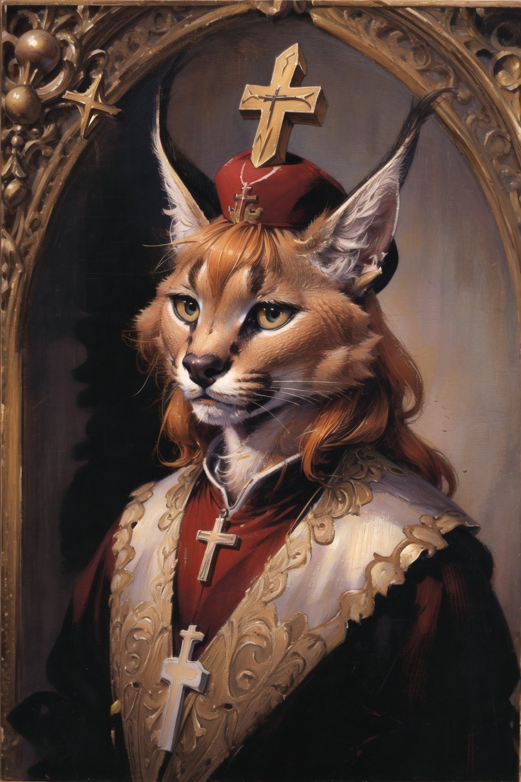 absurdres, highres, ultra detailed, masterpiece, cel shading,churchfurry girl,caracal,long orange hair,shiny hair,(high detail fur:1.2),solo,oil painting,traditional medialooking at viewer,the Pope,cardinal custom,cross,Pope hat,pray<lora:Caracal:0.7>  <lora:Oilpainting:0.7>  <lora:kenkelly:0.3> <lora:add_detail:1>