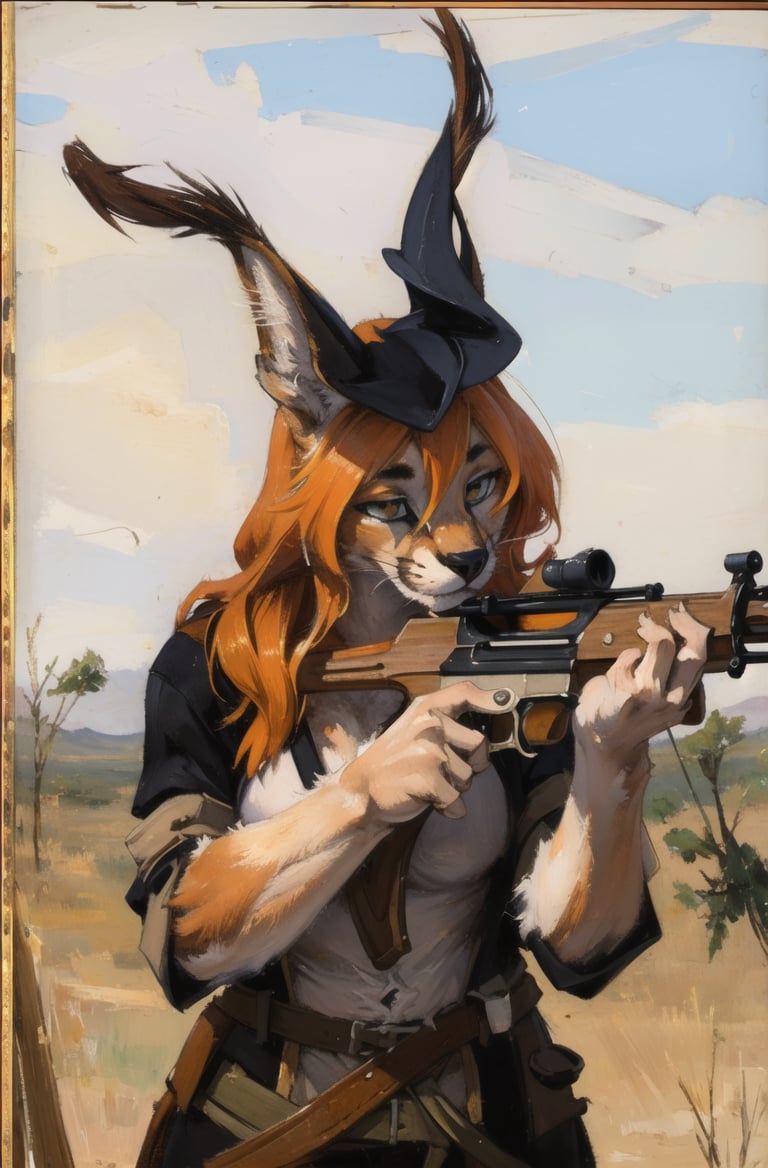 absurdres, highres, ultra detailed, masterpiece, cel shading,africafurry girl,caracal,long orange hair,shiny hair,(high detail fur:1.2),solo,18th grenadier,oil painting,traditional media, rifle shoting,tricorn <hypernet:furry_kemono:0.3><lora:Caracal:0.7> <lora:ankamaV2:0.3>  <lora:Oilpainting:0.7>