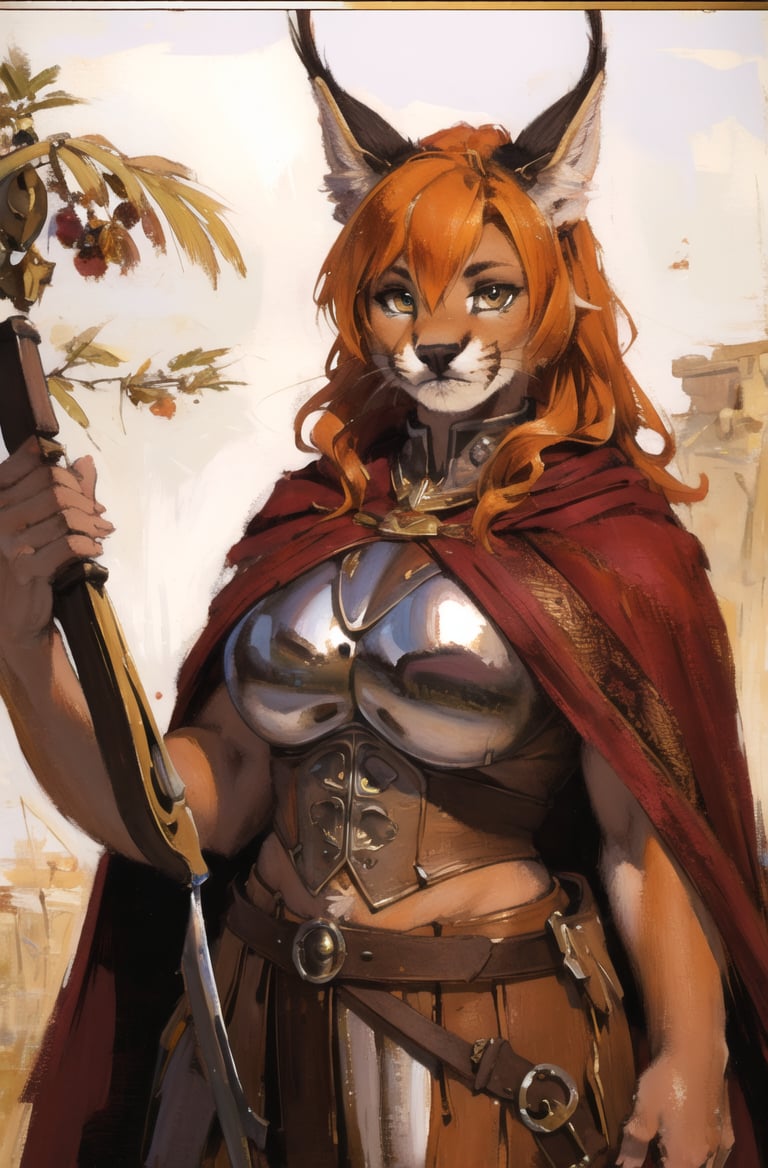 absurdres, highres, ultra detailed, masterpiece, cel shading,africa,cowboy shotfurry girl,caracal,long orange hair,shiny hair,(high detail fur:1.2),solo,,oil painting,traditional medialooking at viewer,female romanarmy warrior with helmet on and red cape,holding hammer <hypernet:furry_kemono:0.5><lora:Caracal:0.7> <lora:ankamaV2:0.3>  <lora:Oilpainting:0.7> <lora:ARWromanarmy:1>