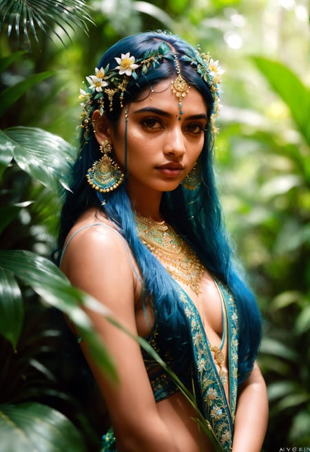 fashion photography portrait of indian girl with blue hair, in lush jungle with flowers, 3d render, cgi, symetrical, octane render, 35mm, bokeh, 9:16, (intricate details:1.12), hdr, (intricate details, hyperdetailed:1.15), (natural skin texture, hyperrealism, soft light, sharp:1.2), detailed, sunlight passing through foliage