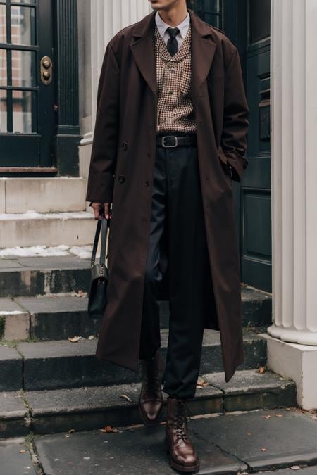 ultra-detailed,masterpiece,finely detail,highres,8k wallpaper,belt, boots, pants, solo, 1girl, jacket, solo, shirt, long_sleeves, 1boy, male_focus, belt, pants, bag, coat, black_pants, handbag, head_out_of_frame, brown_coat, trench_coat, dark academia, outfits<lora:dark:0.8>