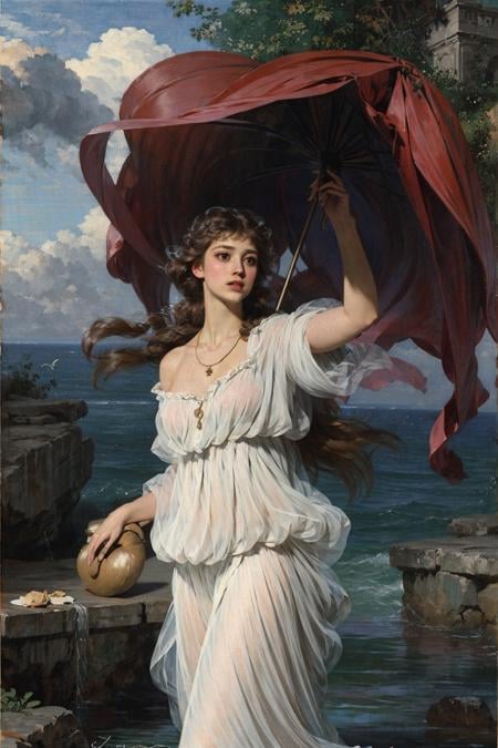 renaissance, 1girl, animal, arm_up, bare_shoulders, beach, bird, boat, braid, brown_eyes, brown_hair, day, dress, fine_art_parody, horizon, jewelry, lake, lips, long_hair, mermaid, mountain, necklace, ocean, outdoors, painting_\(medium\), pier, realistic, river, sand, seagull, shore, signature, sky, solo, traditional_media, water, watercolor_pencil_\(medium\), watercraft, waterfall, waves, white_dress, wind, cloud<lora:文艺复兴:1>