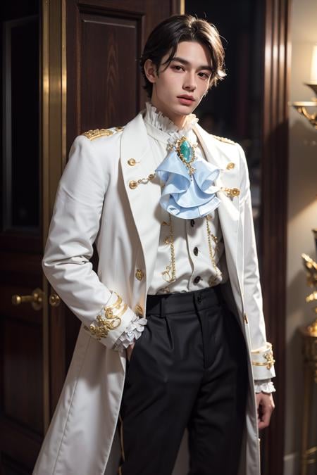 masterpiece,1boy, buttons, solo, white_gloves, shirt, long_sleeves, jewelry, closed_mouth, standing, jacket, white_shirt, male_focus, cowboy_shot, frills, pants, indoors, lips, coat, black_pants, white_jacket, brooch, gem, facing_viewer, arm_at_side, gold_trim, hand_in_pocket, realistic, door, arms_at_sides, head_out_of_frame, white_coat, double-breasted, Princecore, outfit<lora:Princecore:0.8:OUTD>