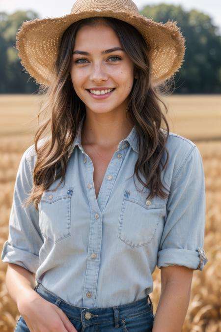 gorgeous female dressed as a farmer, dirty skin, dirty clothes, smile, attractive, flirting, looking at viewer, portrait, photography, detailed skin, realistic, photo-realistic, 8k, highly detailed, full length frame, High detail RAW color art, piercing, diffused soft lighting, shallow depth of field, sharp focus, hyperrealism, cinematic lighting