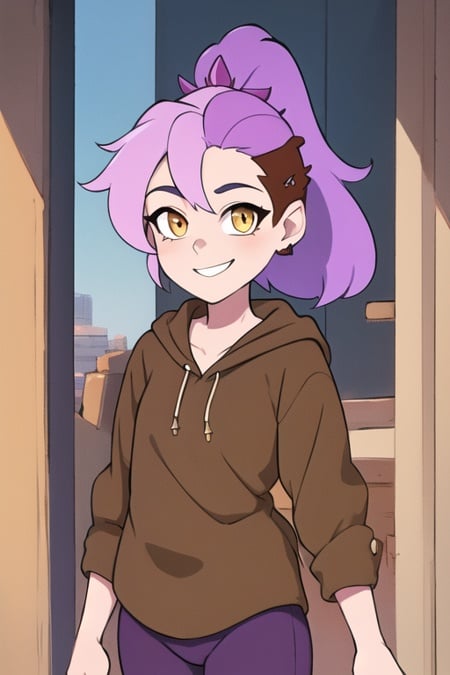 masterpiece, best quality, <lora:amity_timeskip700:0.8>, 1girl, solo, ponytail, purple hair, (brown hair:1.1), multicolored hair, yellow eyes, smile, outdoors, hoodie, hood down,