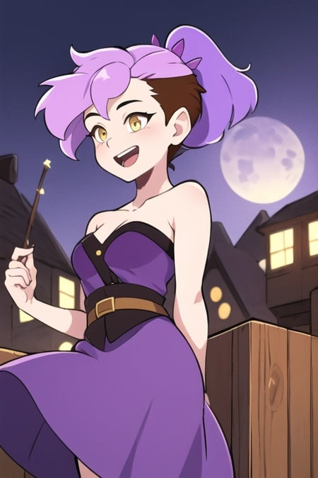 masterpiece, best quality, <lora:amity_timeskip:0.7>, 1girl, solo, ponytail, purple hair, (brown hair:1.1), multicolored hair, yellow eyes, outdoors, wind, moonlight, purple dress, bare shoulders, smile, open mouth, 