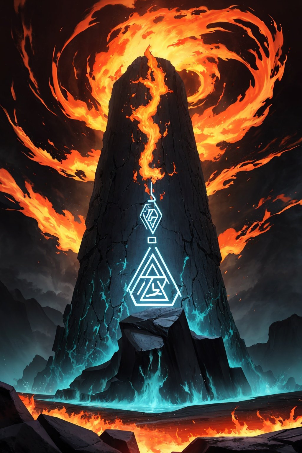 masterpiece, best quality, monolith, obsidian, lava, glowing, smoke, fire, runes, magic