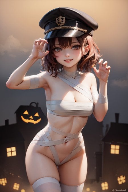 (masterpiece, best quality:1.2), <lora:attire_nakedbandage-12:1>, solo, 1girl, smile, looking at viewer, (claw pose:1.1), short red hair, peaked cap, brown eyes, naked bandage, night, halloween, jack-o'-lantern, spider web