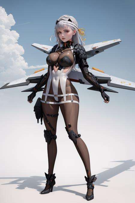 masterpiece, best quality, absurdres, <lora:modernia-nikke-richy-v2:1> modernia, 1girl, solo, full body, mechanical wings, fighter jet, jet