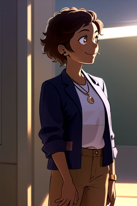 masterpiece, best quality, <lora:luz_timeskip:0.8>, brown eyes, brown hair, solo, 1girl, standing, smile, dark skin, looking to the side, sunlight, jacket, open clothes, jewelry, 