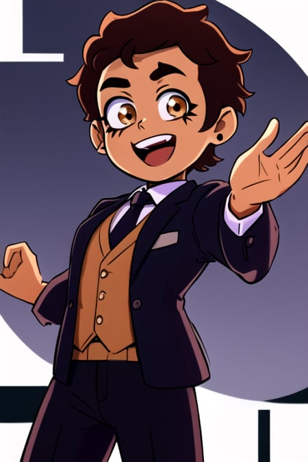 masterpiece, best quality, <lora:luz_timeskip:0.8>, brown eyes, brown hair, solo, 1girl, standing, smile, open mouth, dark skin, looking at viewer, black suit, black pants, black necktie, scar on eyebrows, cowboy shot, 