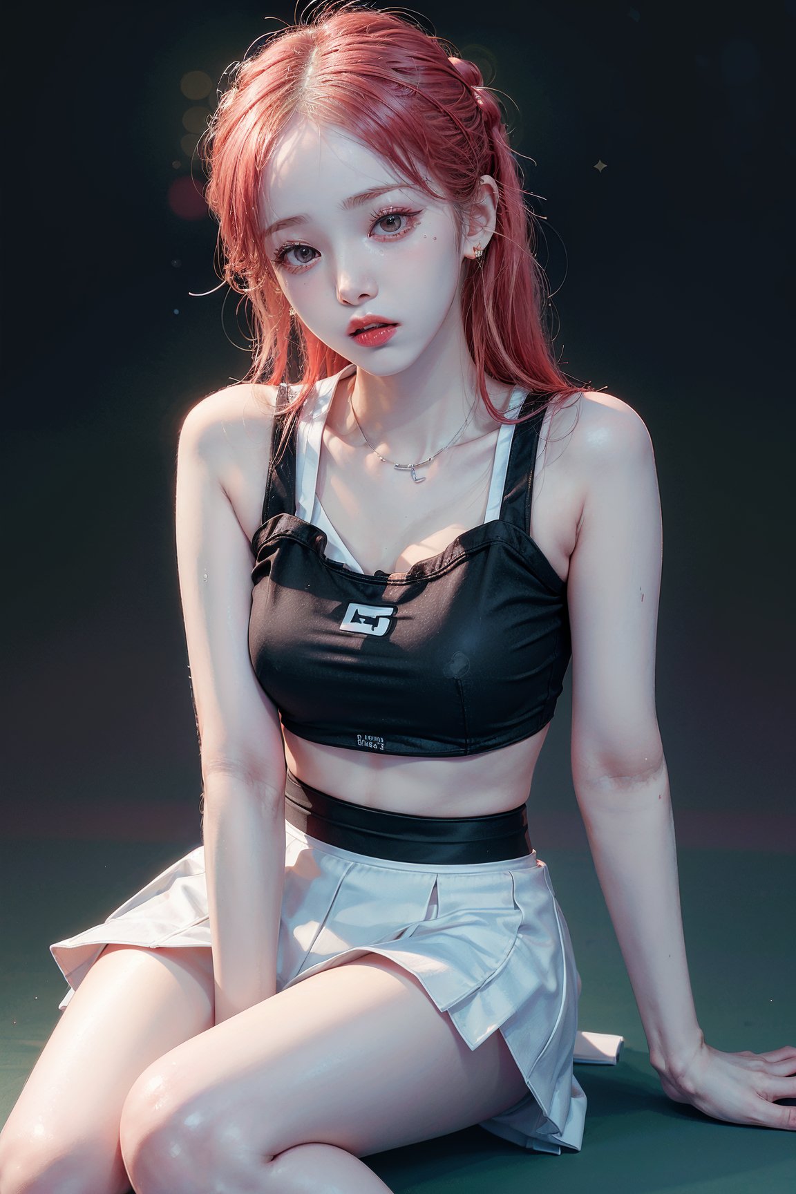 (RAW photo, best quality), A woman lying down on a tennis court, blonde hair, (egirl,:1.3) petite, small breasts, (pale skin:1.4), , nphot, black background, kissy face, exercise bra, tennis skirt, (bokeh:1.5), volumetric lighting 
, red hair