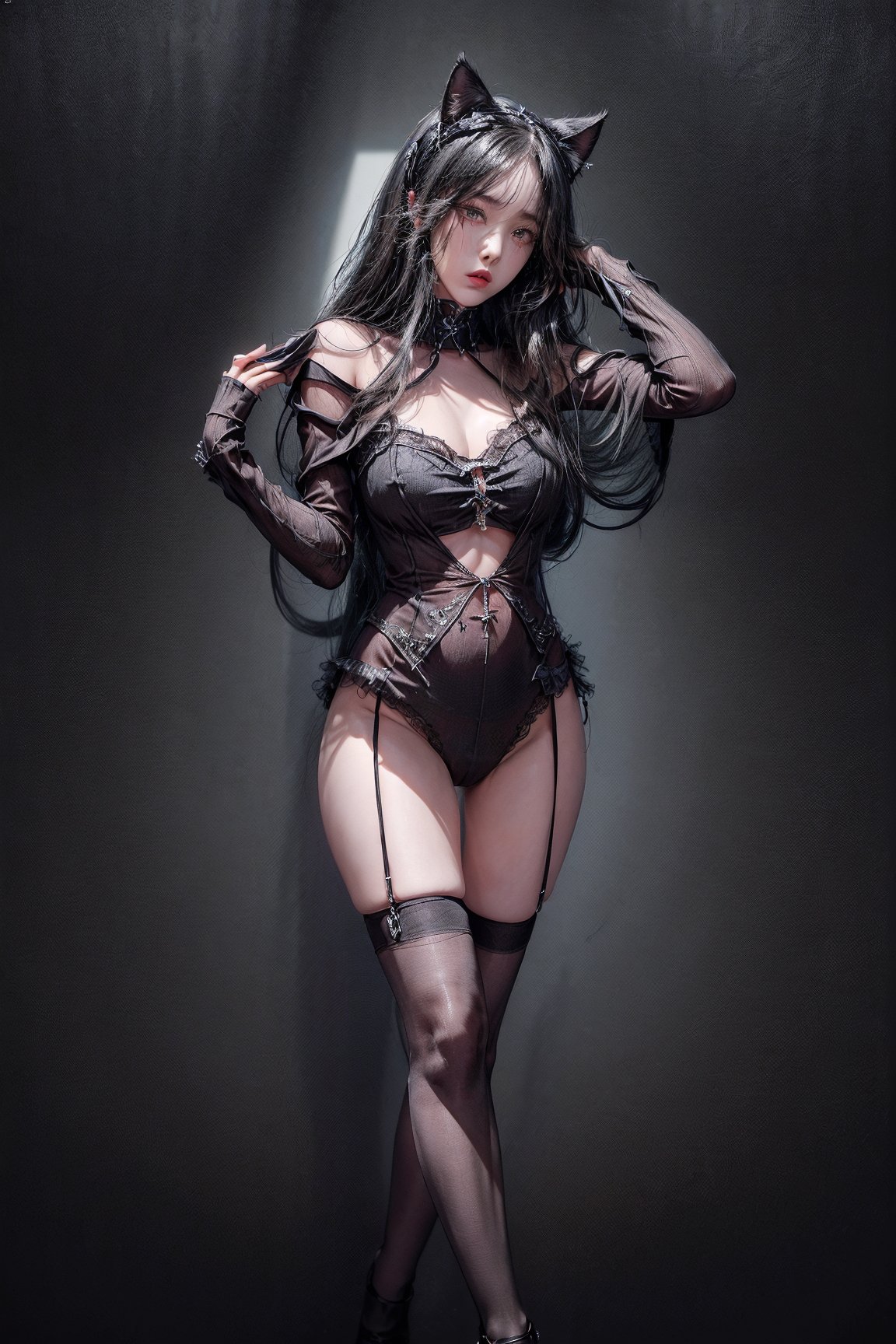 (masterpiece, top quality, best quality, official art, beautiful and aesthetic:1.3), (1girl:1.4), fashion photography, full body,she has a cat,animal ears, black hair, black cat, make up,beautiful legs, tall woman, studio photography, photoshooting, film grain, blurry, depth of field, rouge, black high heels, thigh gap,  
