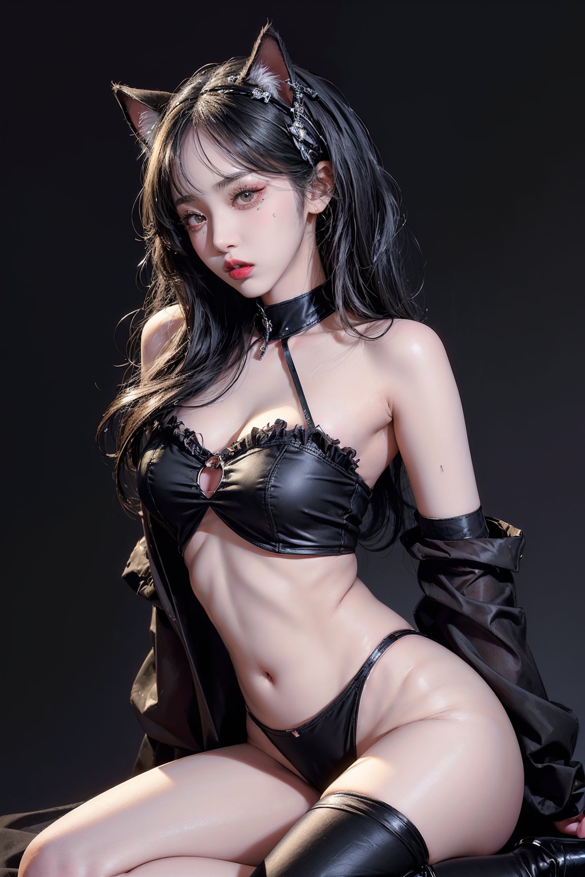 (masterpiece, top quality, best quality, official art, beautiful and aesthetic:1.3), (1girl:1.4), fashion photography, full body,she has a cat,animal ears, black hair, black cat, make up,beautiful legs, tall woman, studio photography, photoshooting, film grain, blurry, depth of field, rouge, black high heels, thigh gap,  
