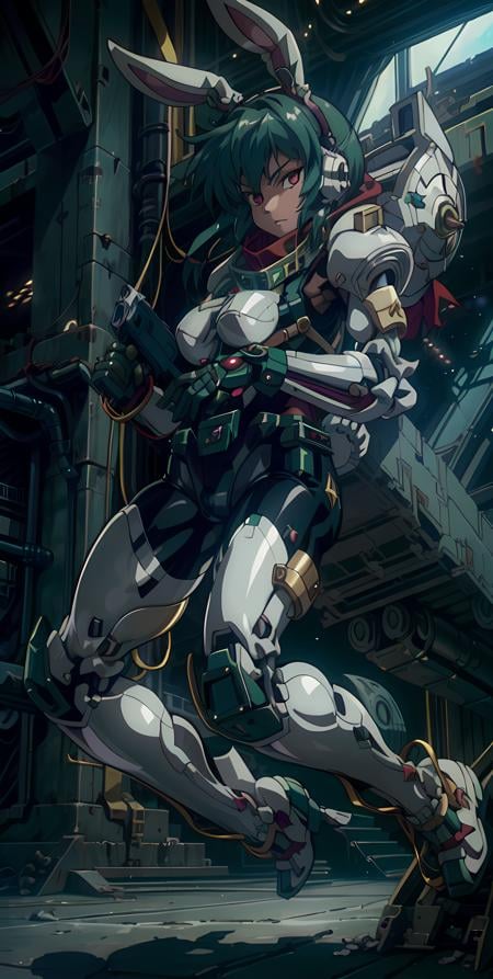 <lora:ReisenV1:0.5> reisen, rabbit ears, military uniform, solo, manga, headshot, bust, (portrait), (green hair), (red eyes), isometric, brass, white, holster, heavy machinery, shoulder pads, armor, scarf, window to space, space station, zero g, zaku II, gundam,  <lora:Ghost in the Shell Style:0.65>, in space, jojo pose, solo, floating,  <lora:add_detail:0.4>, female, one girl <lora:mecha_offset:0.98>, Full armor, mecha musume, greebles, detailed, two legs, clear face, floating, shell casings, 