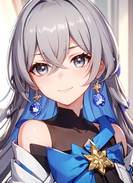 ph bronya, 1girl, solo, jewelry, earrings, long hair, grey hair, bangs, drill hair, bare shoulders, grey eyes,  (off shoulder:1.1), (masterpiece:1.6, best quality),  (finely detailed beautiful eyes: 1.2), ultra-detailed, illustration,beautiful detailed eyes, (yandere:1.4), (empty eyes),  backlighting, looking at viewer, blush, smile, (masterpiece, finely detailed beautiful eyes: 1.2),  <lora:B-t1-000007:0.7>, upper body