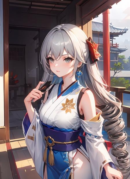 <lora:B-t1-000007:0.7>, ph bronya, 1girl, solo, earrings, long hair, grey hair,  drill hair, grey eyes,  <lora:gachaSplashLORA_gachaSplashFarShot:0.3>, eastern architecture, asian architecture, kimno, japanese clothing, larterns