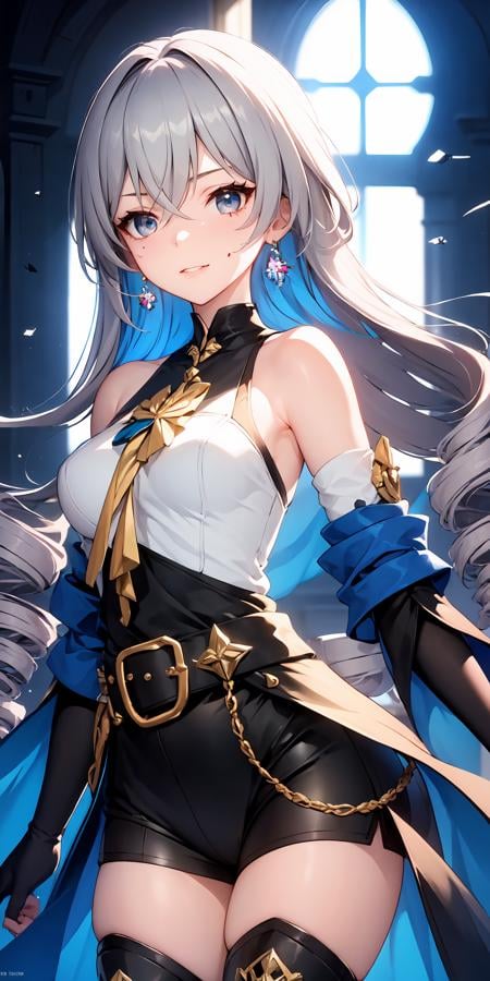 <lora:B-t1.1-000007:0.7>, ph bronya, 1girl, solo, jewelry, earrings, long hair, grey hair, bangs, drill hair, bare shoulders, grey eyes, thigh boots, thighhighs, hair between eyes, boots, elbow gloves,sleeveless, black gloves, twin drills, belt, leggings, white dress, breasts, small breasts, black footwear, long sleeves, (masterpiece:1.2, best quality), (finely detailed beautiful eyes: 1.2), (detailed background,dark fantasy), (beautiful detailed face), high contrast, (best illumination, an extremely delicate and beautiful), ((cinematic light)), colorful, hyper detail, dramatic light, intricate details, (sharp face hair between eyes,dynamic angle), (blood splatter:1.4), swirling black light around the character, depth of field,black light particles,(broken glass),magic circle,