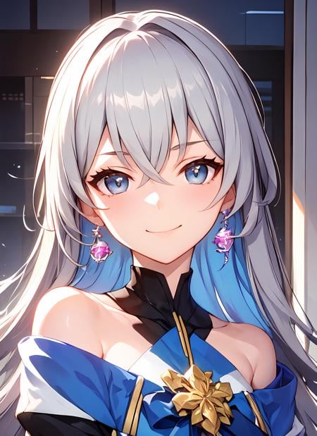 ph bronya, 1girl, solo, jewelry, earrings, long hair, grey hair, bangs, drill hair, bare shoulders, grey eyes,  (off shoulder:1.1), (masterpiece:1.6, best quality),  (finely detailed beautiful eyes: 1.2), ultra-detailed, illustration,beautiful detailed eyes, (yandere:1.4), (empty eyes),  backlighting, looking at viewer, blush, smile, (masterpiece, finely detailed beautiful eyes: 1.2),  /<lora:B-t1.1-000007:0.7>, upper body