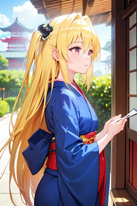 (masterpiece:1.6, best quality), (finely detailed beautiful eyes: 1.2), phyami, yamisch, 1girl, long hair, solo, hair ornament,  two side up, blonde hair, red eyes, kimono, japanese clothes, east asian architecture, hair ornament, , <lora:yami-1:1.0>,