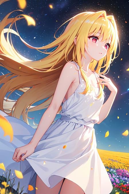 (masterpiece:1.6, best quality), (finely detailed beautiful eyes: 1.2), phyami, yaminor,  lanpla, 1girl, long hair, blonde hair, solo, flower field, white dress, planet, starry sky, petals, scenery, floating hair, night, sleeveless, sundress, very long hair, sleeveless dress, (red eyes),  <lora:yami-1:0.7>,