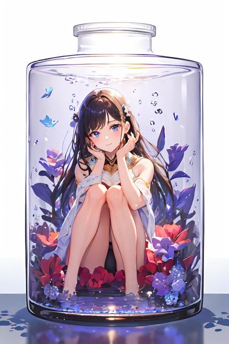 phgls, box, in container, (masterpiece:1.6, best quality), (finely detailed beautiful eyes: 1.2), 1girl, solo, sitting, water  <lora:bottle2-000026:1.0>