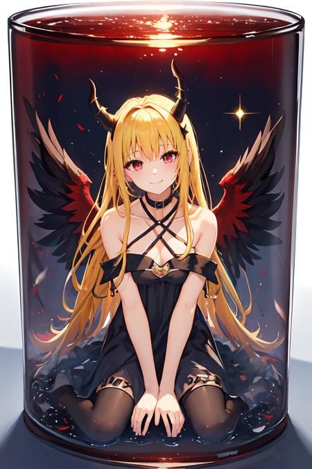 phgls, cup, in container, (masterpiece:1.6, best quality), (finely detailed beautiful eyes: 1.2), phyami, yamidarkness, 1girl, solo, sitting, blonde hair, wings, long hair, horns, red eyes, black wings, bare shoulders, hair intakes, collarbone, choker, demon horns, halterneck, feathered wings, collar, anime coloring, hair between eyes, criss-cross halter, black dress, demon girl, bangs, very long hair, light smile, <lora:yami-v1:0.6>,  <lora:bottle2:0.9>, red water