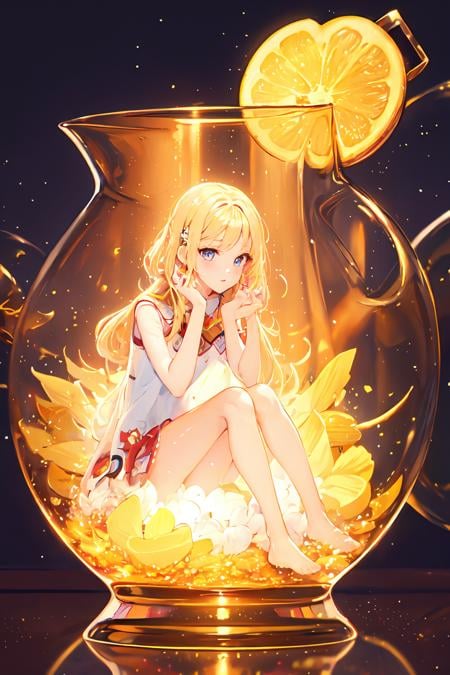 phgls, cup, in container, (masterpiece:1.6, best quality), (finely detailed beautiful eyes: 1.2), 1girl, solo, sitting, blonde hair, wings  <lora:bottle2-000026:1.0>