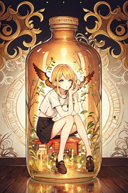 phgls, /bottle, in container, (masterpiece:1.6, best quality), (finely detailed beautiful eyes: 1.2), 1girl, solo, sitting, blonde hair, wings  <lora:bottle2-000026:1.0>