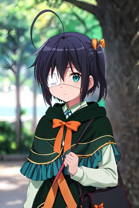 <lora:Rikka_FB:1>, ph rikka, ph rikka, 1girl, solo, bag, capelet, outdoors, bow, blurry, aqua eyes, upper body, hood, tree, blurry background, alternate costume