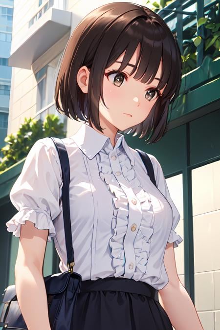 (masterpiece:1.6, best quality), (finely detailed beautiful eyes: 1.2),ph_katou, katouhdlong, 1girl, solo, shirt, brown eyes, bangs, brown hair, short hair, white shirt, short sleeves, bag, center frills, collared shirt, closed mouth, dress shirt, frills, black hair, puffy sleeves, shoulder bag, blunt bangs, looking down, handbag, puffy short sleeves<lora:Katou_Megumi_FB_64:1>