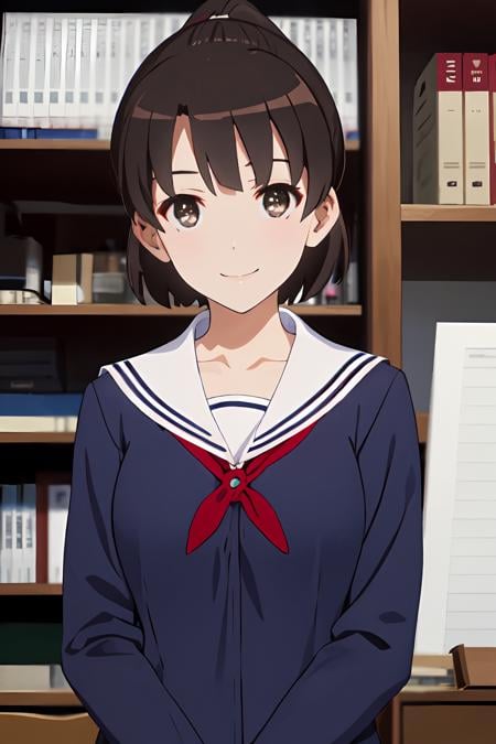 (masterpiece:1.6, best quality), (finely detailed beautiful eyes: 1.2),  ph_katou, katouhdshort, 1girl, phground, , solo, brown hair, school uniform, brown eyes, ponytail, short hair, bangs, smile, collarbone, serafuku, sailor collar, long sleeves, indoors, closed mouth, ribbon,<lora:Katou_Megumi_FB_64:1>