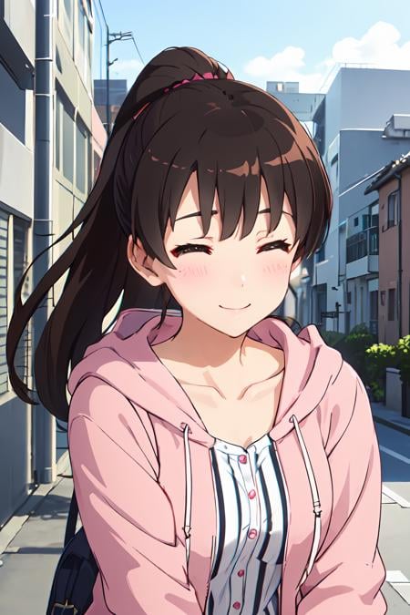 (masterpiece:1.6, best quality), (finely detailed beautiful eyes: 1.2),  ph_katou, katouhdshort, 1girl, katoush , solo, closed eyes, smile, ponytail, shirt, jacket, collarbone, open clothes, black hair, long hair, bangs, hoodie, brown hair, closed mouth, striped, white shirt, open jacket, hood down, blush, hooded jacket, facing viewer, pink jacket, ^_^, striped shirt, long sleeves, anime coloring<lora:Katou_Megumi_FB_64:1>