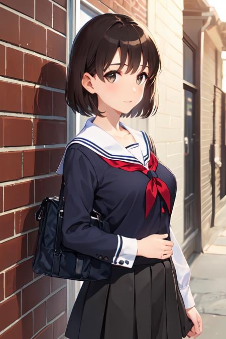 (masterpiece:1.6, best quality), (finely detailed beautiful eyes: 1.2),  ph_katou, katouhdlong, katouhd, 1girl, solo, black school uniform, short hair, skirt, bangs, brown eyes, brown hair, pleated skirt, black socks, kneehighs, school bag, serafuku, collarbone, long sleeves, sailor collar, street, outdoors,<lora:Katou_Megumi_FB_64:1>