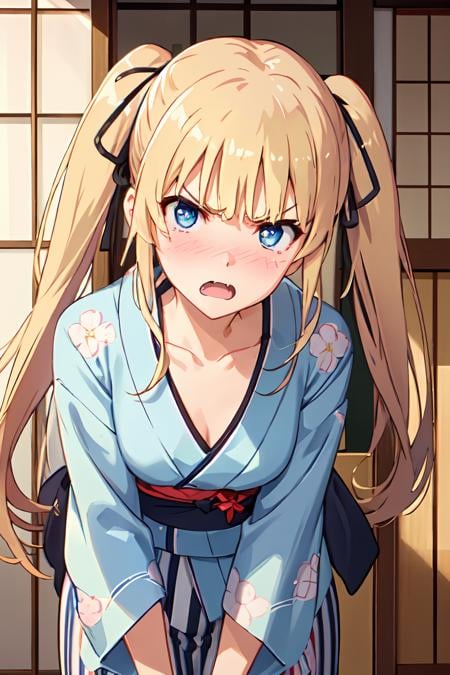 ph_eriri, sawamura spencer eriri, 1girl, solo, twintails, blonde hair, blush, open mouth, long hair, fang, hair ribbon, blue eyes, black ribbon, striped, japanese clothes, looking at viewer, sidelocks, collarbone, bangs, kimono, angry, indoss, yukata, nose blush, v-shaped eyebrows, long sleeves, embarrassed, sash, leaning forward, d:, (masterpiece:1.6, best quality), (finely detailed beautiful eyes: 1.2),  <lora:eriri_v1.1_FB:0.8>