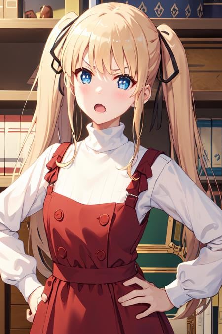 ph_eriri, sawamura spencer eriri, 1girl, blonde hair, blue eyes, twintails, open mouth, fang, solo, long hair, hand on hip, dress, blush, red dress, looking at viewer, indoss, hair ribbon, long sleeves, bangs, dutch angle, poster (object), bookshelf, book, v-shaped eyebrows, white shirt, turtleneck, shirt, (masterpiece:1.6, best quality), (finely detailed beautiful eyes: 1.2),  <lora:eriri_v1.1_FB:1>