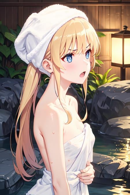 ph_eriri, 1girl, solo, blonde hair, towel on head, blue eyes, open mouth, towel, onsen, anime coloring, sidelocks, sawamura spencer eriri, wet, fang, collarbone, ot, blurry, blush, bangs, blurry background, rock, upper body, nude, v-shaped eyebrows, long hair, naked towel, bare shoulders, looking to the side, wet hair, bathing, looking away, depth of field, fence, water, bush, (masterpiece:1.6, best quality), (finely detailed beautiful eyes: 1.2),  <lora:eriri_v1.1_FB:1>