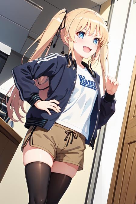 ph_eriri, 1girl, sawamura spencer eriri, solo, thighhighs, blonde hair, twintails, blue eyes, fang, long hair, shorts, open mouth, black thighhighs, smile, letterman jacket, hair ribbon, :d, jacket, hand on hip, black ribbon, indoss, brown shorts, skin fang, blush, from below, (masterpiece:1.6, best quality), (finely detailed beautiful eyes: 1.2), <lora:eriri_v1.1_FB:1>