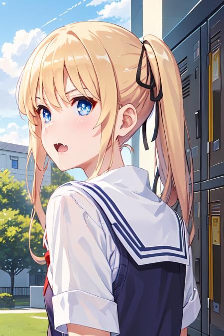 ph_eriri, sawamura spencer eriri, 1girl, blonde hair, blue eyes, school uniform, twintails, solo, fang, long hair, open mouth, hair ribbon, locker, anime coloring, parody, serafuku, blush, bangs, sweater vest, black ribbon, cloudy sky, sky, trees, (masterpiece:1.6, best quality), (finely detailed beautiful eyes: 1.2), , (masterpiece:1.6, best quality), (finely detailed beautiful eyes: 1.2), <lora:eriri_v1.1_FB:1>