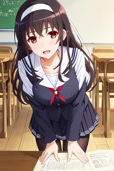 best quality, masterpiece, ph utaha, 1girl, long hair, solo, school uniform, hairband, black hair, skirt, black pantyhose, red eyes, smile, open mouth, leaning forward, pleated skirt, black serafuku, bangs, book, breasts, blush, long sleeves <lora:Utaha_FB:1>