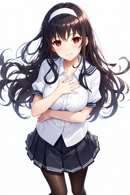 best quality, masterpiece,  ph utaha, 1girl, solo, long hair, employee uniform, hairband, skirt, uniform, name tag, black pantyhose, red eyes, black hair, shoes, simple background, pleated skirt, white background, loafers, smile, short sleeves, black footwear, bangs, standing, blush, long legs, white hairband, breasts, hand on own chest<lora:Utaha_FB:0.9>