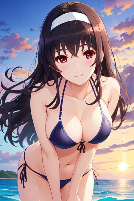 best quality, masterpiece, ph utaha, 1girl, long hair, solo,  hairband, black hair, red eyes, smile, leaning forward, arms behind back,  bangs, book, breasts, blush, bikini, ocean, sky, wave<lora:Utaha_FB:0.9>