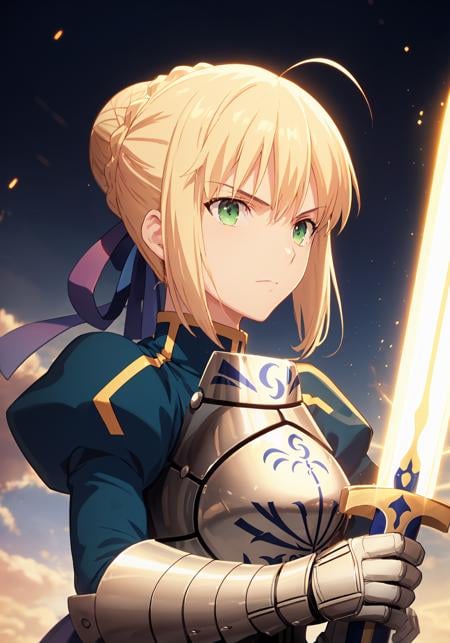 best quality, masterpiece,<lora:saber_v1:0.9>, phSaber, phAltoria, 1girl, solo, armor, weapon, sword, glowing sword, glowing weapon, french braid, armored dress, glowing, gauntlets, holding, breastplate, hair bun, upper body