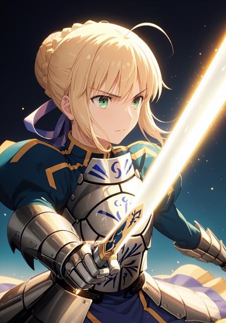 best quality, masterpiece,<lora:saber_v1:0.9>, phSaber, phAltoria, 1girl, solo, armor, weapon, sword, glowing sword, glowing weapon, french braid, armored dress, glowing, gauntlets, holding, breastplate, hair bun, upper body