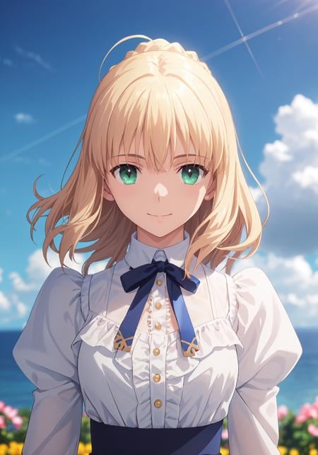 best quality, masterpiece,<lora:saber_v1:0.9>, phSaber, phAltoria, 1girl, solo, cloud, sky, long hair, looking at viewer, day, upper body, alternate costume, puffy sleeves, blue sky, hair down, blurry, frills, juliet sleeves, white shirt, smile,