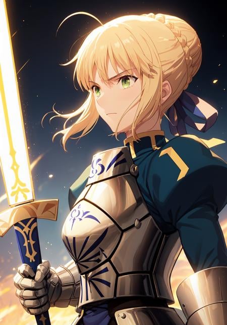 best quality, masterpiece,<lora:saber_v1:0.9>, phSaber, phAltoria, 1girl, solo, armor, weapon, sword, glowing sword, glowing weapon, french braid, armored dress, glowing, gauntlets, holding, breastplate, hair bun, upper body