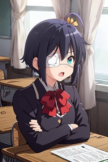 <lora:Rikka_FB:0.9>, ph rikka, 1girl, icho private high school uniform, school uniform, solo, :o, classroom, jacket, parody, desk, window, blazer, bow, school desk, indoors, chair, open mouth, crossed arms, aqua eyes, looking at viewer, upper body, school