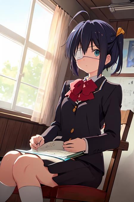 masterpiece, best quality, <lora:Rikka_FB:0.9>, ph rikka, 1girl, icho private high school uniform, school uniform, solo, window, blazer, looking at viewer, aqua eyes, book, jacket, bow, curtains, cross, dutch angle